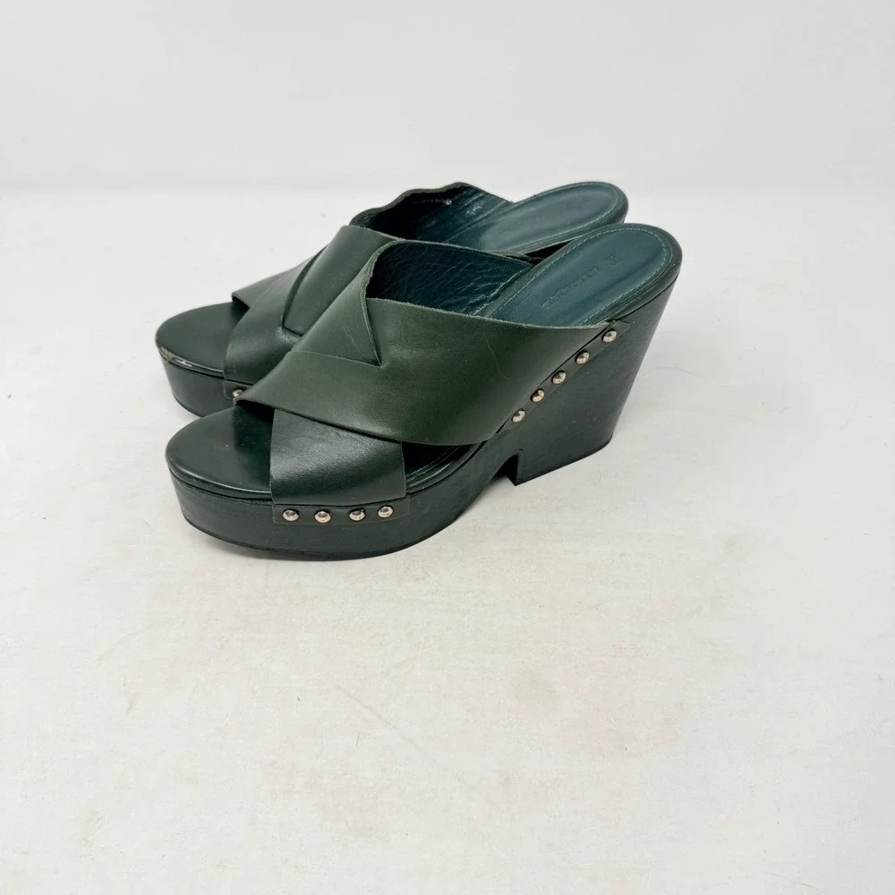 Uterque‎ Green Leather Platform Clog Sandals Studded Wood Heel EU 38 US 8